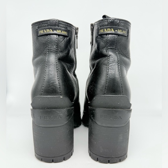 Prada Black leather Lug sole logo Chelsea Boots block heel EU 38.5 - Picture 5 of 16